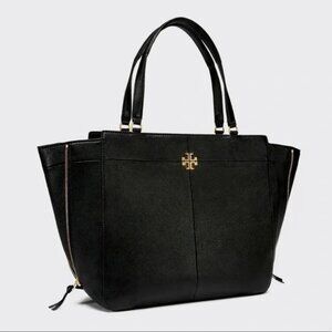 Tory Burch Leather Ivy Side Zip Tote Black with Gold Hardware